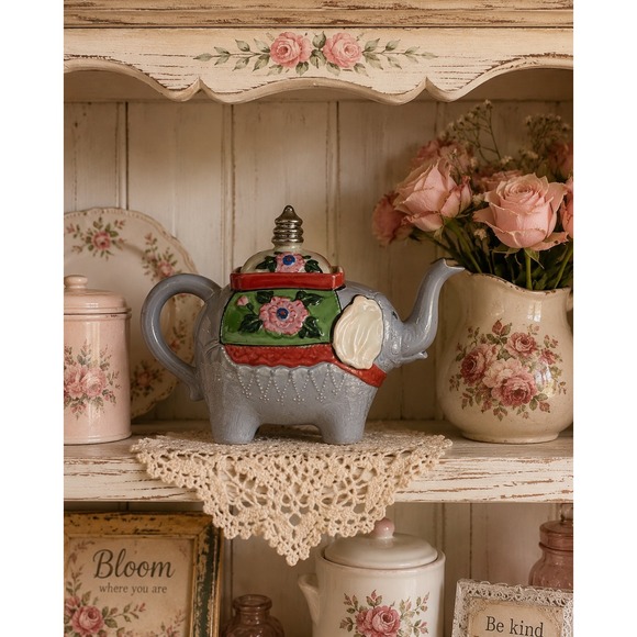 Unbranded Other - Vintage Elephant Teapot Ceramic Iridescent Luster Glaze Floral Grey Boho Decor